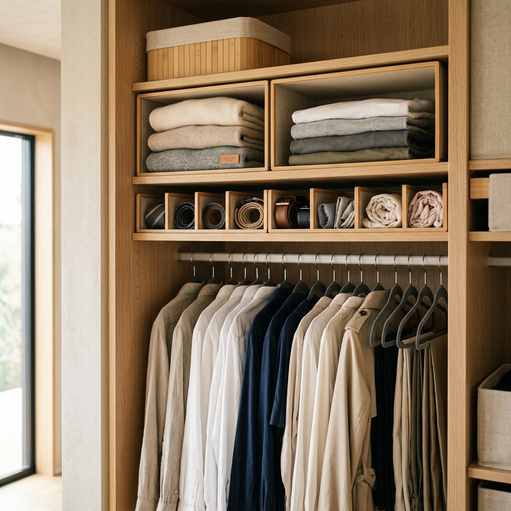 Anvixa premium wardrobe organization system — neatly organized closet with velvet hangers, stackable storage, and drawer dividers